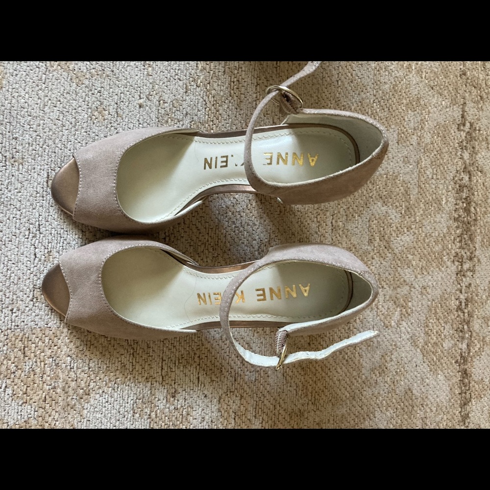 Anne Klein beige suede open toe stacked heals. Size 5.5. Worn twice